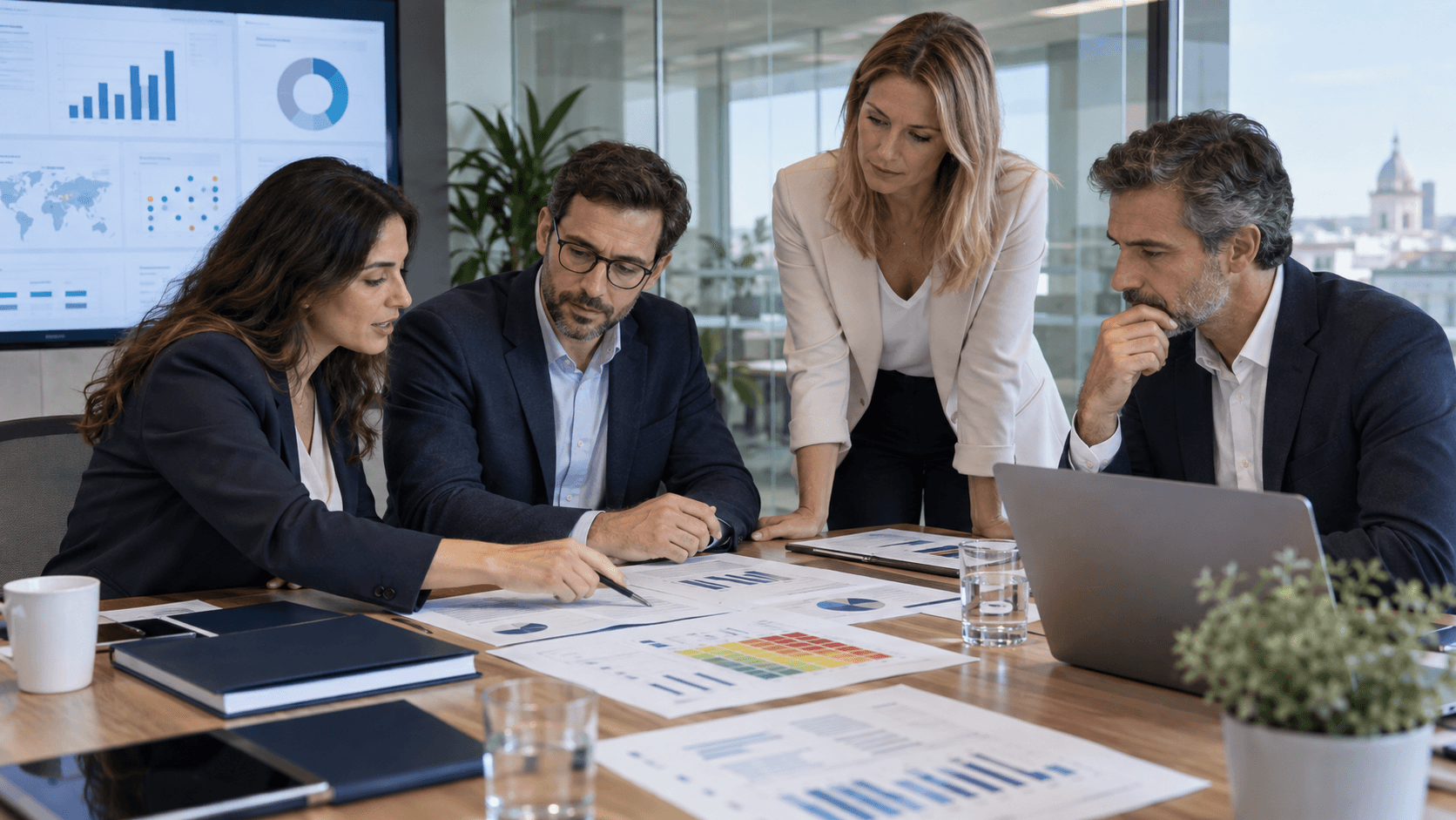 Equipo profesional revisando documentación, riesgos y sistemas durante una auditoría de inteligencia artificial